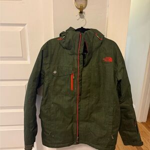 The North Face Men's Olive Green Hooded Snowboarding Jacket with Orange Trim